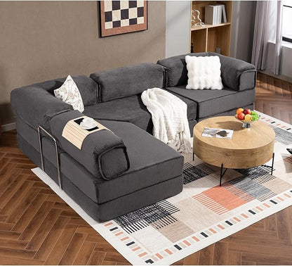 108" L Shaped Couch, Modular Sectional Sofa with Chaise, Cloud Boneless Couch with Deep Seat & Removable Pillow for Living Room, Bedroom,No Assembly Required（Grey）