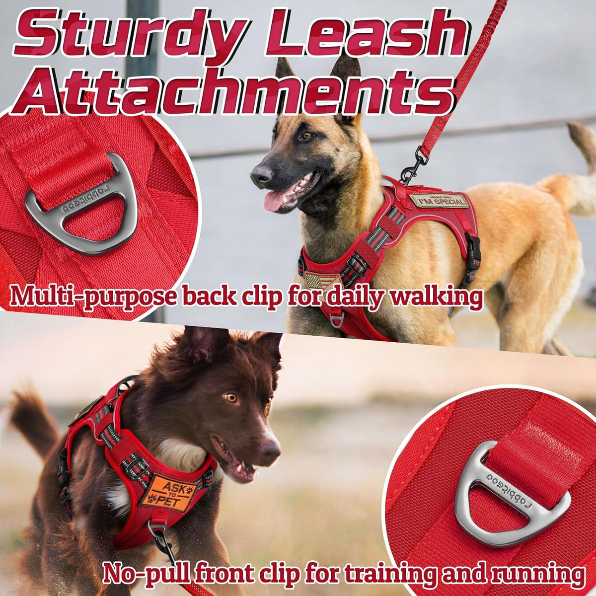 rabbitgoo Tactical Dog Harness for Large Dogs, No Pull Military Service Vest with Handle & Molle, Easy Control for Training Walking, Adjustable Reflective Straps, Red, XL