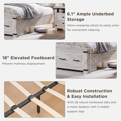 RedLemon Farmhouse Queen Size Bed Frame w/ 54" Tall Geometric Headboard, Rustic Wood Platform Bed w/ 2 Large Storage Drawers, Wood Slats Support, Noise Free, No Box Spring Needed, Antique Brush White