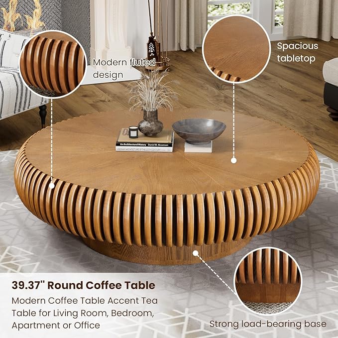 Round Drum Coffee Table for Living Room, Mid Century Modern Coffee Table with Sturdy Pedestal, Farmhouse Fluted Circle Center Table Accent Tea Table for Apartment (Large Brown)
