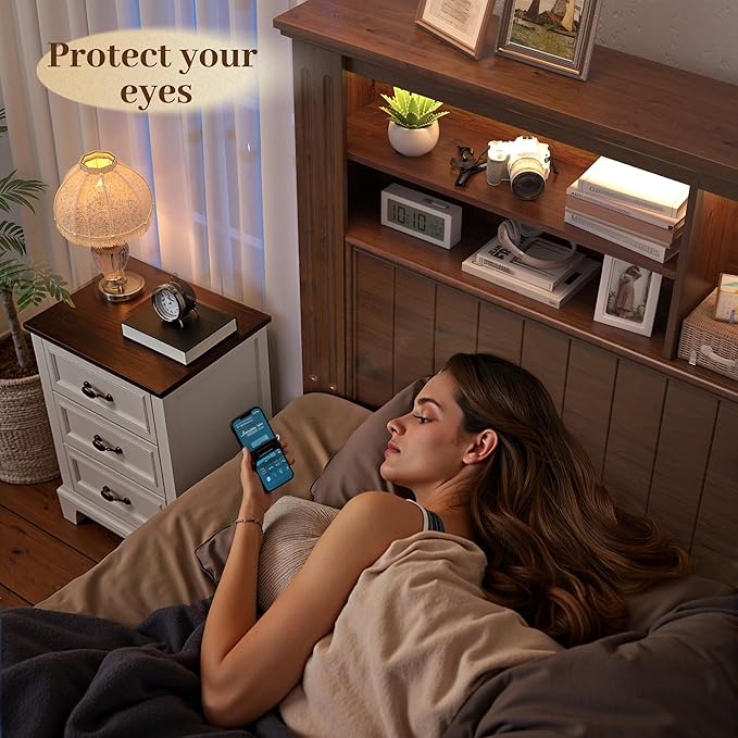 EnHomee Full Size Bed Frame with Headboard, Full Bed Frame with 4 Drawers Charging Port & LED, Farmhouse Bed Full Built in Charging Station,No Box Spring Needed,NO Noise,Vintage Brown
