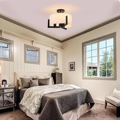 16 inch Semi Flush Mount Ceiling Light: 3-Light Black Modern Light Fixtures Ceiling Mount with Drum Fabric Shade, Close to Ceiling Lamp for Bedroom, Kitchen, Entryway (Bulb Exclude)