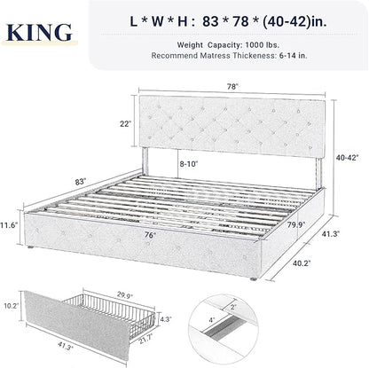 Allewie Upholstered King Size Platform Bed Frame with 4 Storage Drawers and Headboard, Diamond Stitched Button Tufted, Mattress Foundation with Wooden Slats Support, No Box Spring Needed, Dark Grey