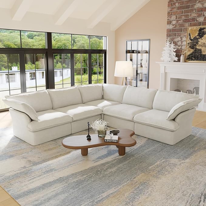 WJShome 165.2" Cloud Modular Sectional Sofa, Modern Comfy Couch Filled with Down, Minimalist Wide Deep Seat Couches for Living Room Apartment Lounge Bedroom (5 Seater,White)
