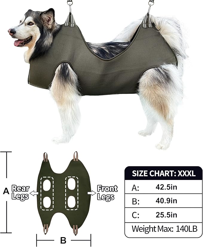 10 in 1 Pet Grooming Hammock Harness with Nail Clippers/Trimmer, Nail File, Comb,Dog Nail Hammock, Dog Grooming Sling for Nail Trimming/Clipping (XXXL/Under 140lb, Khaki Green)