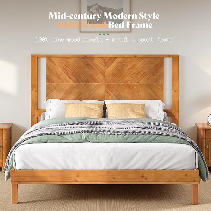 AMERLIFE Solid Wood Queen Size Bed Frame with Headboard, Rustic Style Platform Bed Frame with Under-Bed Storage, No Box Spring Needed, Noise Free, Easy Assembly, Light Brown