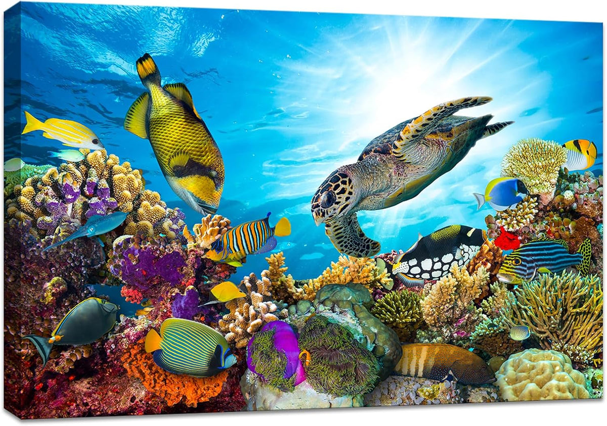 Large Wall Decor Colorful Sea Underwater World Coral Sea Turtle and Tropical Fish Painting Gallery Wrapped Ready to Hang Picture Artwork for Living Room Kids Nursery Room 28"x40"