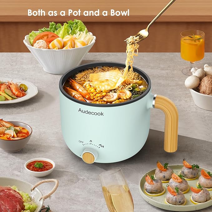 Audecook Hot Pot Electric with Steamer, 1.5L Portable Nonstick Mini Multicooker