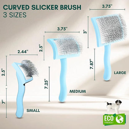 Pet Slicker Brush With Soft Massage Grooming Stainless Steel Pins - For Dematting, Shedding Fur, and Undercoat - Ideal Gift for Professional Pet Groomers - Long Slicker Brush (Blue, Curved Small)