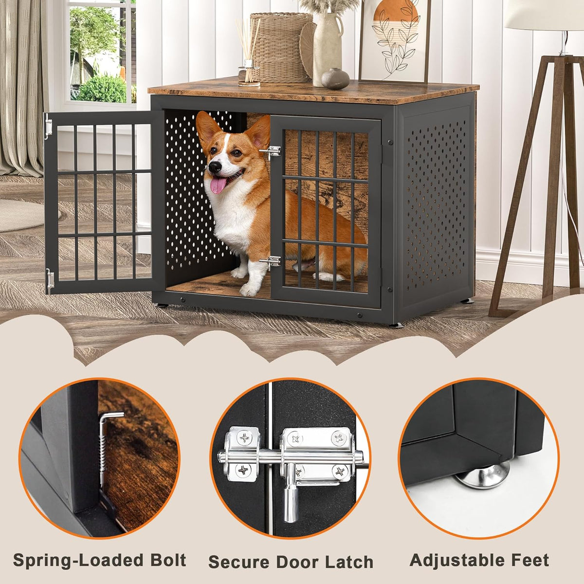 32" Heavy Duty Dog Crate Furniture for Small and Medium Dogs, Metal Kennel for High Anxiety Dogs, Chew Proof Pet Cage Indoor, Decorative Dog Kennel End Table