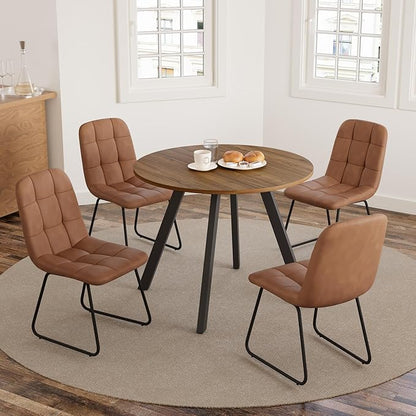 34.6'' Round Dining Table and Chairs for 4 Space Saving for Apartment Kitchen Dining Room (Walnut Table+4 U-Shaped Brown Chairs)