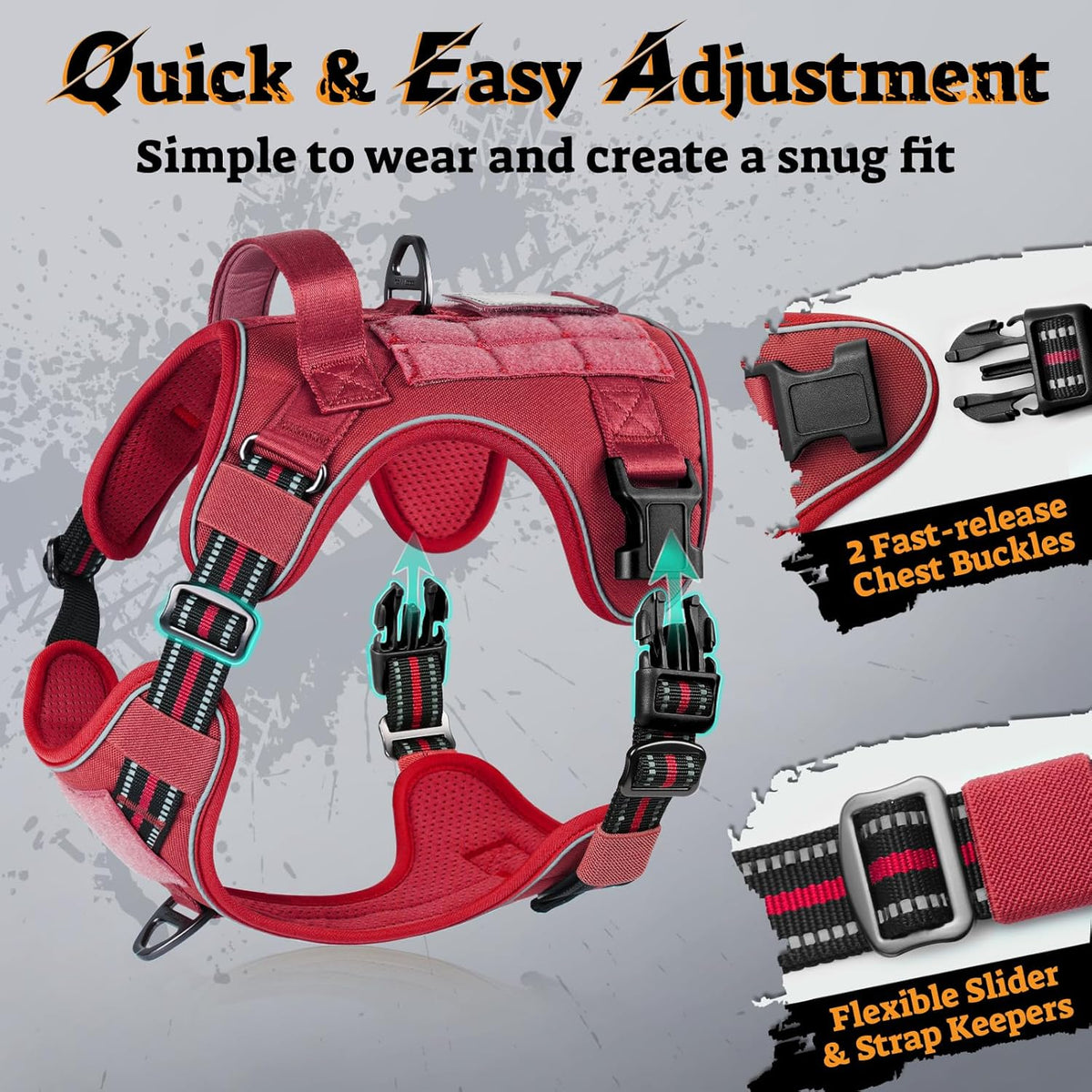 rabbitgoo Dog Harness for Large Dogs No Pull, Tactical Service Pet Vest with Molle and Control Handle, Adjustable and Reflective Military Harness for Easy Walking and Training, Red, L
