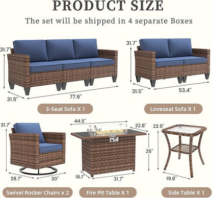 UDPATIO Patio Furniture Set with Fire Pit Table and Swivel Rocking Chairs, 6 Pieces Outdoor Wicker Furniture Set with Waterproof Cover, 4'' Thickened Cushion, Navy