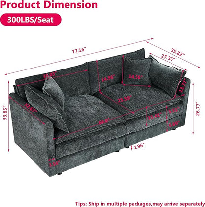 Aoowow Modular Sectional Sofa Modern Convertible Loveseat Couch,77.16 Inch Deep 2-Seater Sofas Comfy Chenille Cloud Sofas and Couches with Pillows for Living Room Apartment（Grey）