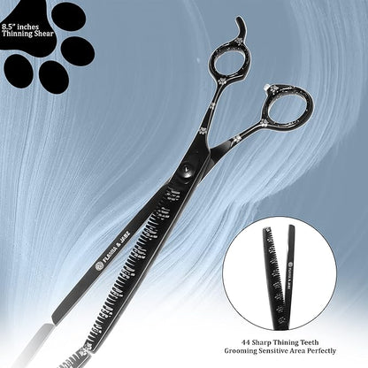Professional Dog Grooming Scissors Set of Straight, Curved, Thinner/Blender and Chunker Shears with Paw Prints for Dogs, Cats & Pets (Right Handed, Black, Stainless Steel 8 Inch)