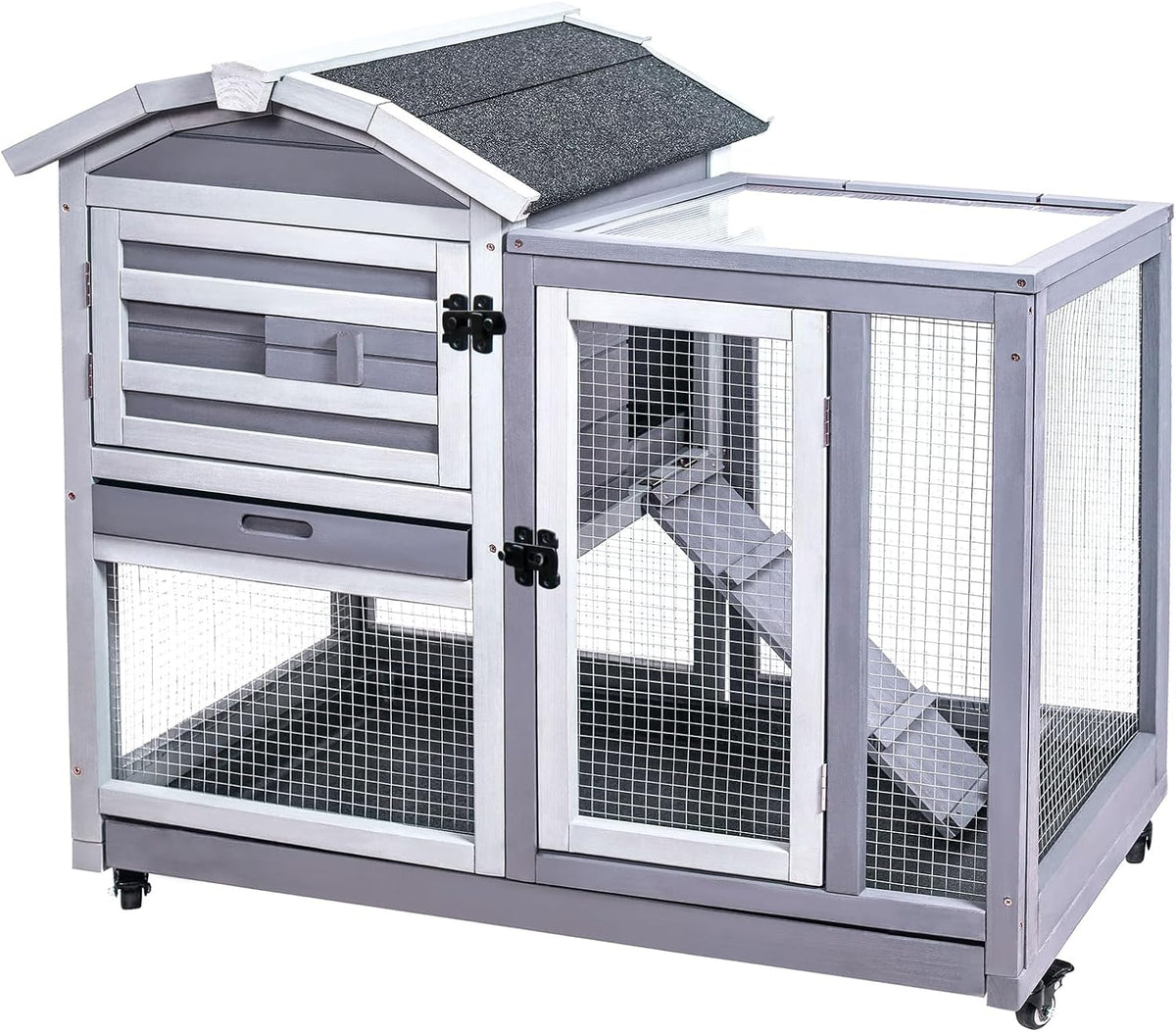 GEGURI Rabbit Hutch Indoor Rabbit Cage Outdoor, Wooden Bunny Cages for Guinea Pig with Wheels, Removable Tray, Ramp