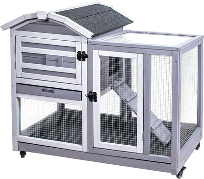 GEGURI Rabbit Hutch Indoor Rabbit Cage Outdoor, Wooden Bunny Cages for Guinea Pig with Wheels, Removable Tray, Ramp