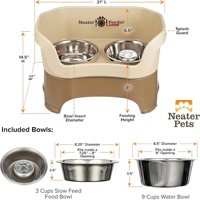 Neater Feeder Deluxe Mess Proof Dog Bowls Elevated for Large Breeds – Made in USA – No Spill Raised Slow Feeder Elevated Dog Bowl Stand, Stainless Steel Food and Water Bowl Set, Cappuccino