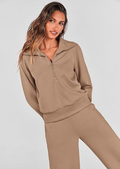 PRETTYGARDEN Women's 2 Piece Outfits Casual Lapel Half Zip Sweatshirts and Wide Leg Pants Tracksuit Sets