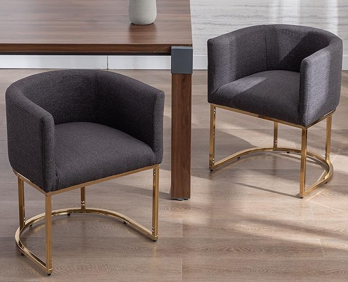 VESCASA Linen Upholstered Dining Chairs with Barrel Back, Mid Century Modern Padded Restaurant Chairs with Gold Metal Frame for Kitchen, Dining Room, Set of 2, Charcoal