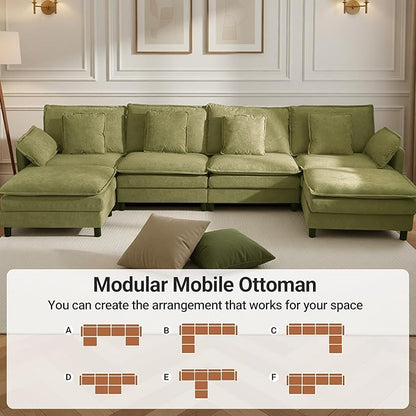 Claiks 148" Modular Sectional Sofa, Cloud Couch with Ottoman, U-Shaped 6-Seater Sofa in Chenille Fabric, Deep Seat Comfy Couch with Pillows for Living Room & Offices, Green