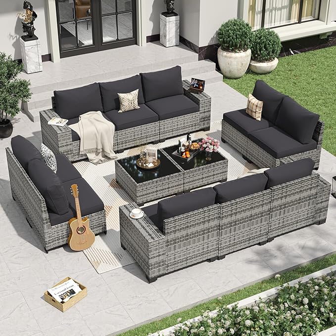 Aoxun 12 Pieces Patio Furniture Set Wicker Rattan Outdoor Sectional Conversation Set with Coffee Table and 4” Thickened Cushions, Gray Black (Waterproof Cover Included)