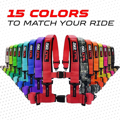 1pc 50 Cal Orange 4 Point Harness 2in Straps, Racing Harness Seat Belt | Ultra Kush padding, Push Button quick release hardware. Universal Fit for UTV, RZR, race car.
