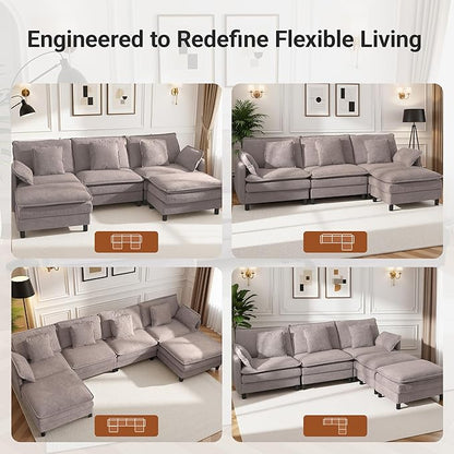 Claiks 148" Modular Sectional Sofa, Cloud Couch with Ottoman, U-Shaped 6-Seater Sofa in Chenille Fabric, Deep Seat Comfy Couch with Pillows for Living Room & Offices, Light Gray