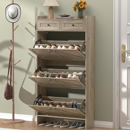 Shoe Cabinet with 3 Flip Drawers & 2 Storage Drawers, Rustic Farmhouse Narrow