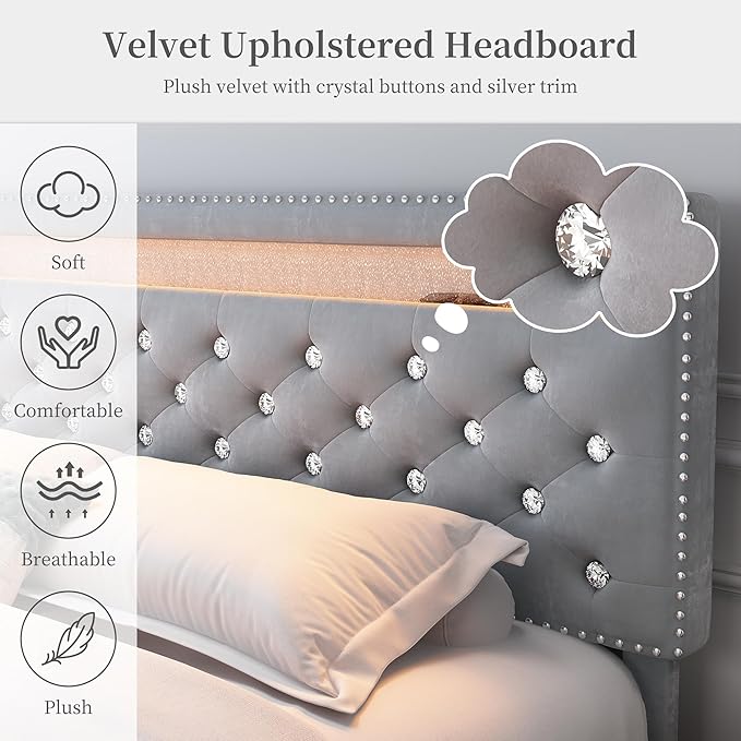 Full Led Bed Frame with 2 Drawers, Platform Bed Frame Full Size with Storage and Adjustable Upholstered Button Tufted Headboard, Noise-Free, Solid & Stable, No Box Spring Needed, Velvet Grey