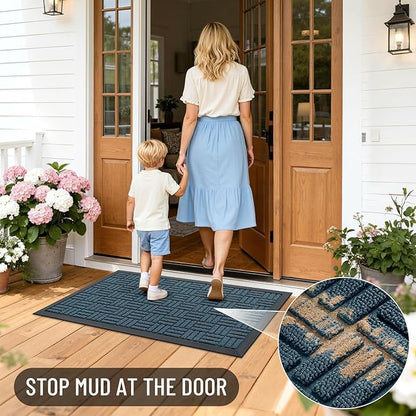 OLANLY Front Door Mat Outside Entrance 47x17, Absorbent, Heavy Duty Sturdy Natural Rubber Doormat Indoor Outdoor, Non-Slip, Stain and Fade Resistant, Low Profile Floor Mat for Entryway, Lake Blue