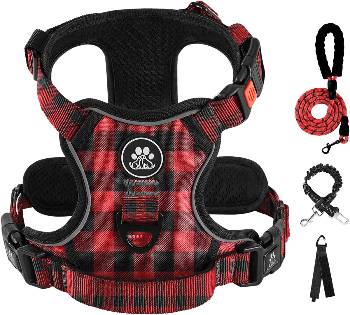 IVY&LANE No Pull Dog Harness with Leash Set, Reflective No Choke Pet Vest,Adjustable Oxford Dog Vest Harness with Easy Control Handle for Medium Lagre Dogs (Checkered Red,M)