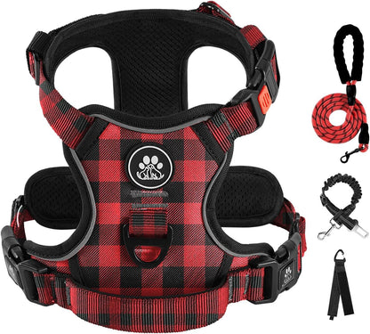 IVY&LANE No Pull Dog Harness with Leash Set, Reflective No Choke Pet Vest,Adjustable Oxford Dog Vest Harness with Easy Control Handle for Medium Lagre Dogs (Checkered Red,M)