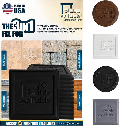 Stable The Table-12 Pack-Black Square, Furniture Leveler & Riser, Anti-Slip Sofa Gripper for Hardwood Floors, Floor Protector, Stacking Furniture Pad, Bed, Desk, Couch & Table Stabilizer, Made in USA