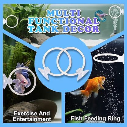 Betta Fish Toys, 2 PCS Fish Exercise Ring and Nitrifying Balls Set, Betta Mirror Toy Set, Feeding Ring with Suction Cup, Fishing Tank Accessories for Gifts (White)