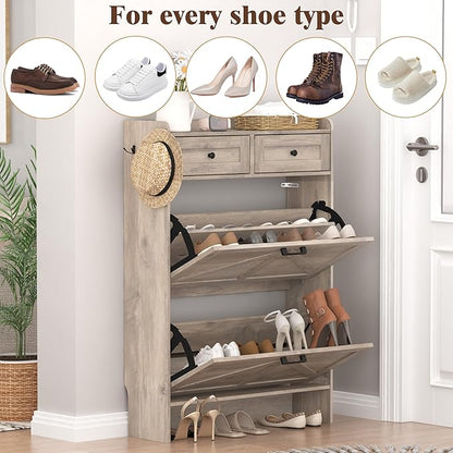 Shoe Cabinet with 2 Flip Drawers & 2 Storage Drawers, Rustic Farmhouse Narrow