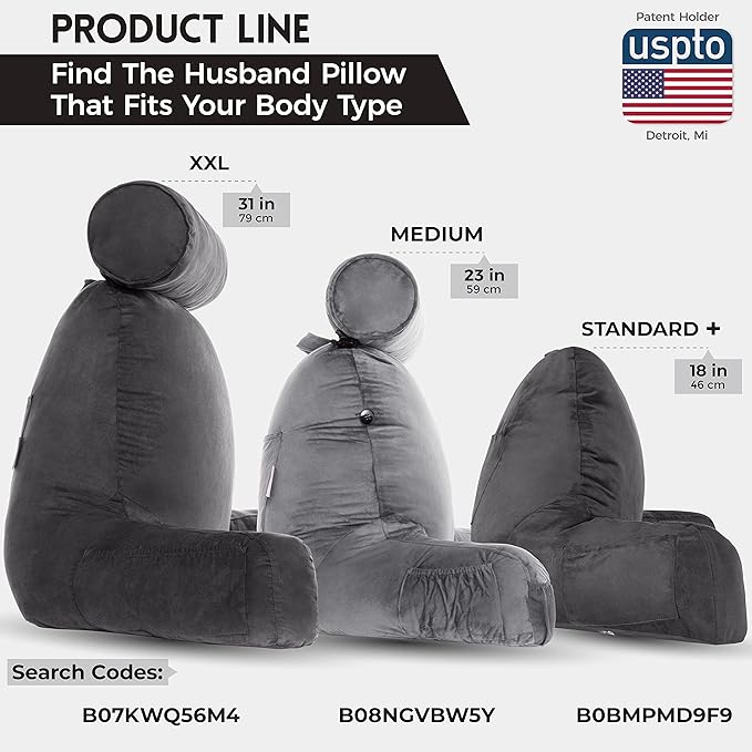 Husband Pillow Medium Aspen Edition Iron Grey, Sit Up Reading & Bed Rest with Arms, Ultra-Comfy, Detach Neck Roll - Premium Shredded Memory Foam Backrest, Reverses to Micro: Suede or Plush