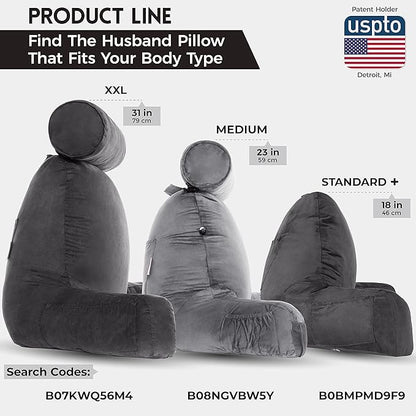 Husband Pillow Medium Aspen Edition Iron Grey, Sit Up Reading & Bed Rest with Arms, Ultra-Comfy, Detach Neck Roll - Premium Shredded Memory Foam Backrest, Reverses to Micro: Suede or Plush