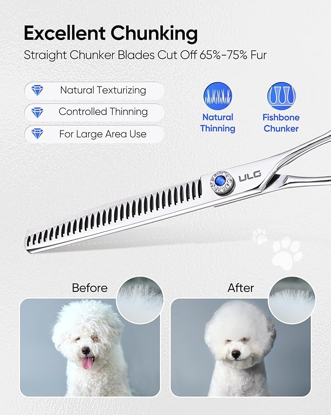 ULG Professional Dog Grooming Scissors 7.5” Straight Chunker Shear 65%-75% Thinning Rate 440C Japanese Stainless Steel Tension Adjustable Left & Right Handed Pet Grooming Shears
