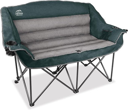 LANMOUNTAIN Fully Padded Folding Double Camping Chairs,Comfy Oversized Loveseat Lawn Chair w/Wine Glass Holder,Cup Holder,Heavy Duty Outdoor Portable Camp Couch Support 600 Lbs,Dark Green