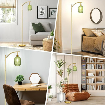 Glass Floor Lamp for Living Room, Modern Green Standing Lamp with Ribbed Glass Lampshade Pedal Switch, 67” Tall Lamp for Bedroom Study Room