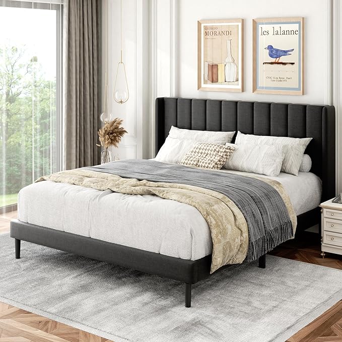 Queen Size Bed Frame with Upholstered Wingback Headboard, Easy Assemnly Platform Bed, Wooden Slat Support No Box Spring Needed, Dark Gray