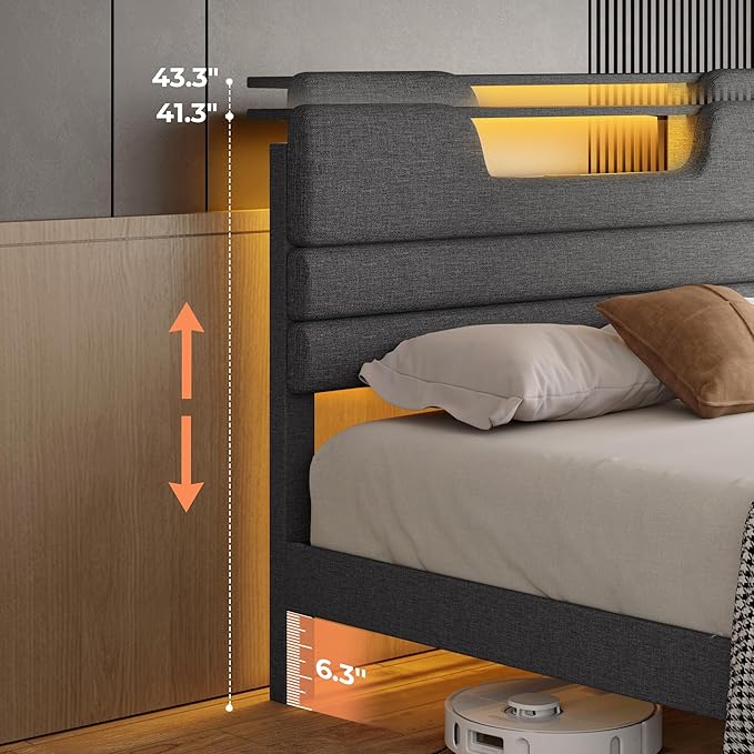 Queen Size Bed Frames with Upholstered Headboard, Modern Platform Bed with Charging Station and Led Lights, Bed Frame with Sturdy Wooden Slats/No Box Spring Needed/2-Tier Storage, Grey