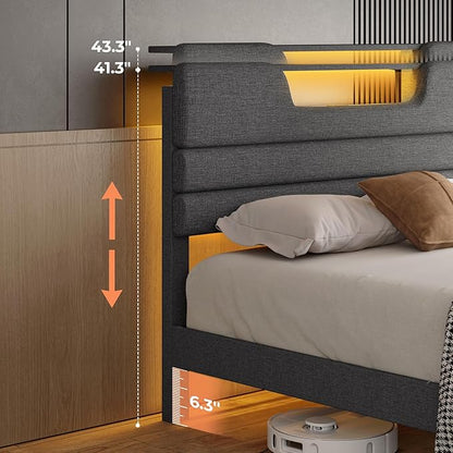 Queen Size Bed Frames with Upholstered Headboard, Modern Platform Bed with Charging Station and Led Lights, Bed Frame with Sturdy Wooden Slats/No Box Spring Needed/2-Tier Storage, Grey