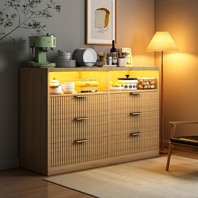 Coffee Bar Cabinet with Charging Station and Lighting, Natural Oak