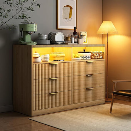 Coffee Bar Cabinet with Charging Station and Lighting, Natural Oak