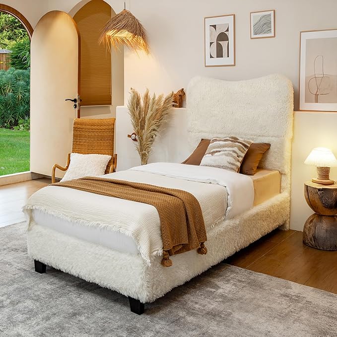 Brafab Twin Bed Frame with Headboard, Boho Fluffy Boucle Cloud Upholstered Platform Bed with Soft Rounded Corners and Wooden Slats, No Box Spring Needed, Noise Free, Easy Assembly, Beige