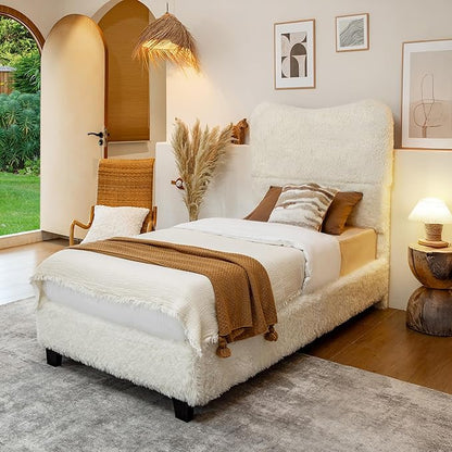 Brafab Twin Bed Frame with Headboard, Boho Fluffy Boucle Cloud Upholstered Platform Bed with Soft Rounded Corners and Wooden Slats, No Box Spring Needed, Noise Free, Easy Assembly, Beige