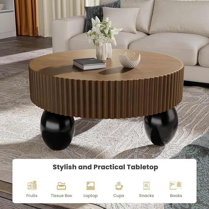 Round Fluted Coffee Table for Living Room, 31.5'' Farmhouse Luxury Round Coffee Tables with 3 Sturdy Leg Base, Natural Wood Grain Veneer Handcrafted Relief Tea Table for Apartment Small Space,Brown