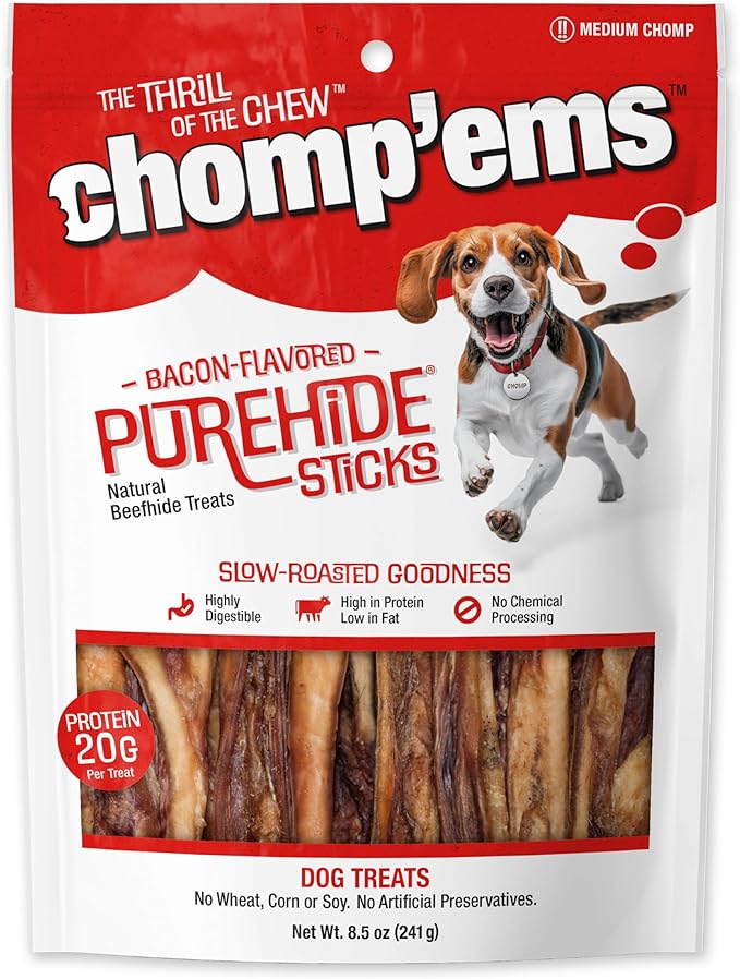 CHOMP 'EMS Purehide Chews - Slow Roasted Naturally Delicious Rawhide Dog Treats - High Protein Beef Hide - Bacon Flavor, Sticks, 8.5 Oz.